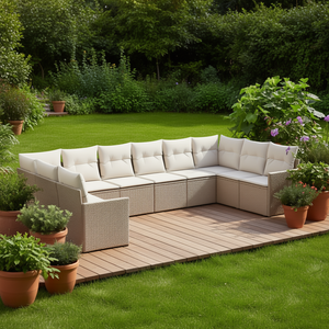 Set Divano da Esterno Modulare Pei Garden Celudse Beige in Rattan PE, Arredamento da Giardino Confortevole con Cuscini in Schiuma ad Alta Densità - Product Image 2