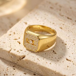 Men's 925 Silver Moissanite <b>Cocktail</b> <b>Ring</b> Round Brilliant Cut Pave Setting 22K <b>Gold</b> Plated Geometric Hiphop Style - Product Image 4