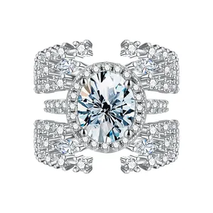 Perhiasan Mewah Solitaire 3ct VVS Moissatine Berlian Oval Cincin Halo Set untuk Wanita Nyata 925 Sterling Silver untuk Wanita Pertunangan