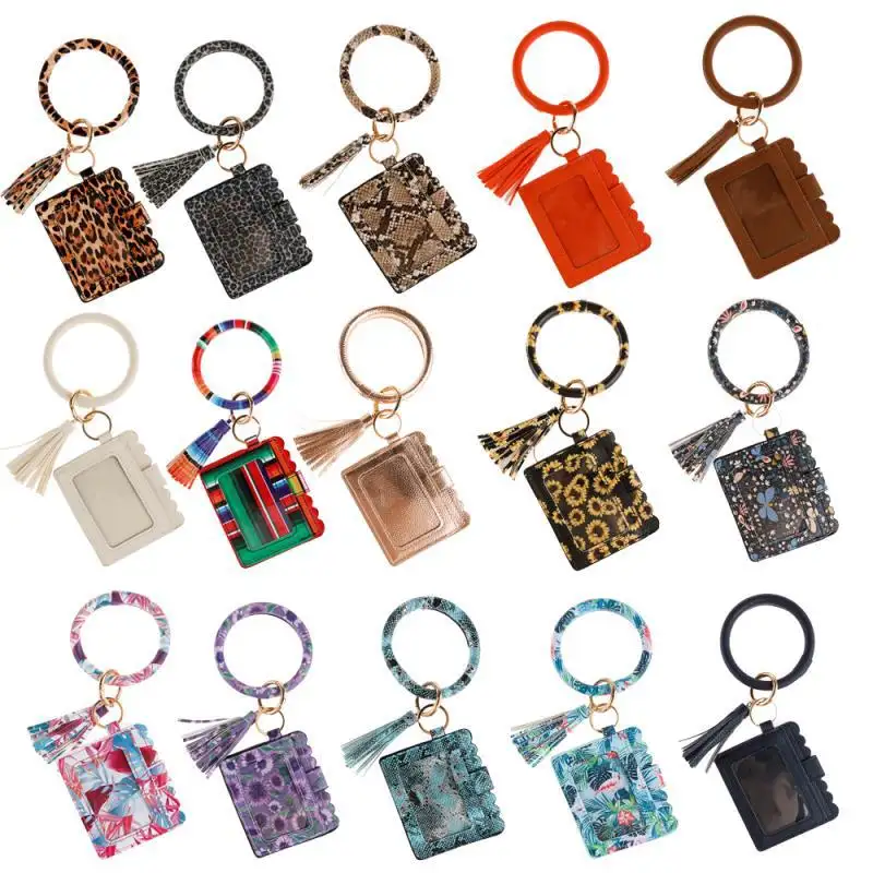 New fashion women portable wrislet bracelet handbag customized leopard tassel PU leather card pouch bag bracelet key chain