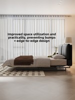 Nouvelle Arrivée Lit Double Moderne Minimaliste avec Sommier Flottant à Base Élevée Sans Colle, Deux Coussins de Tête de Lit, en Cuir Véritable, Lit Principal