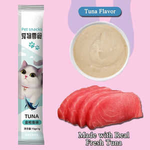 Proveedor OEM de alimentos para mascotas personalizado al por mayor 15g comida para mascotas salmón atún <span class=keywords><strong>pollo</strong></span> ternera gato tratar comida húmeda gato gatito tiras Snack - Product Image 4