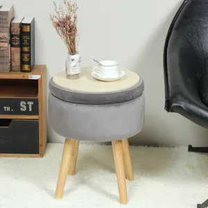 Bailey Velvet Ottoman Round Stool Wood Legs Storage Ottoman Coffee Table