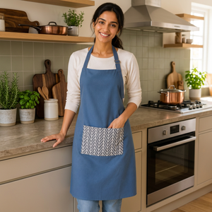 Delantal de Algodón Premium |   Delantal de algodón azul con estampado geométrico y bolsillo frontal |   Delantal de Cocina Ajustable para Cocinar y Hornear - Product Image 3