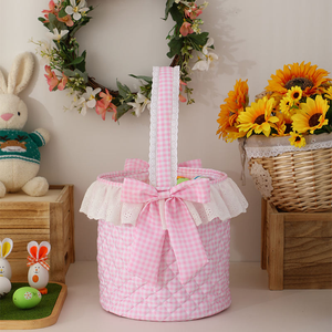 Wholesale Monogrammed Ruffle Quilted Kids Bunny Bucket Gingham <strong>Egg</strong> <strong>Hunt</strong> Bucket Cotton Pink Bow <strong>Easter</strong> <strong>Basket</strong> - Product Image 4