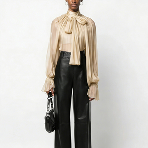 <span class=keywords><strong>Chemise</strong></span> plissée à manches longues de couleur unie rétro pour femmes pour l'automne Vêtements décontractés amples avec <span class=keywords><strong>col</strong></span> à volants Tissu respirant tissé - Product Image 6