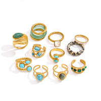 Bague ouverte géométrique en acier inoxydable plaqué or 18 carats PVD avec aventurine, style vintage, hypoallergénique, bijou de tous les jours pour femme
