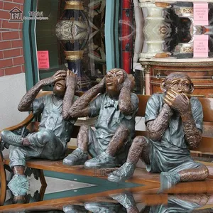 मजेदार जीवन आकार धातु पशु प्रतिमा कांस्य पीतल 3 बंदर मूर्तिकला के लिए चिड़ियाघर सजावट