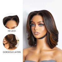 Perruques en cheveux humains vietnamiens bruts, blondes avec mèches, double densité, pré-épilées, sans colle, avec closure en dentelle HD 5x5, coupe bob courte superposée