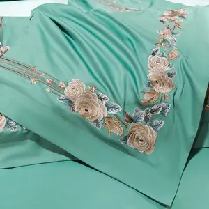 ชุดเครื่องนอนสีเขียว4ชิ้น,ผ้าซาตินคอตตอนปักลายสุดหรูสำหรับเตียงขนาดคิงไซส์
