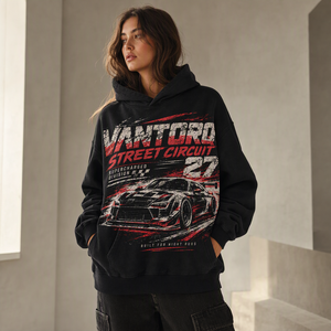 Felpa con Cappuccio Oversize Unisex Stile Racing, Effetto Vintage Nero, Grafica Auto da Corsa, Pullover Streetwear - Product Image 1