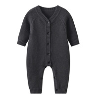 Combinaison en tricot pour bébé nouveau-né 100% coton, gris foncé uni, col en V, boutonnée, manches longues, tenue décontractée confortable pour bébé