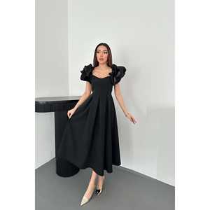 ชุดเดรสผ้าซาตินสีดำขายส่ง แขนจีบระบายทรงบอลลูน ชุดเดรสทำงานสุดหรู - Product Image 5