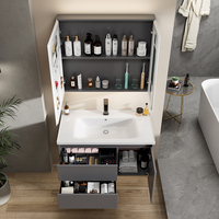 Meuble-lavabo de salle de bain moderne en aluminium inoxydable finition chromée avec miroir LED intégré et vasque en céramique pour petite salle de bain