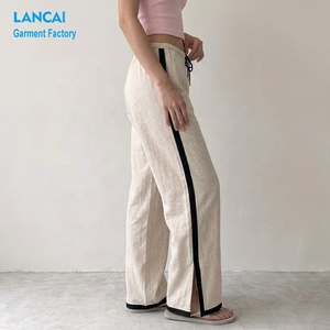 <span class=keywords><strong>Pantaloni</strong></span> Palazzo Personalizzati in Misto Lino per Donna, Produzione OEM ODM, Vita Elastica, Striscia Laterale, Orlo Spaccato, Gamba Larga - Product Image 2