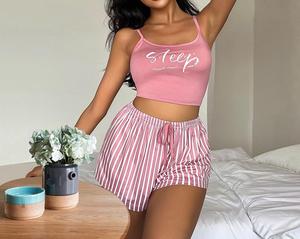 Annshine – Pyjama suspendu pour femme, motif rayé et lettres, en soie de lait, ensemble décontracté imprimé lettres – Ventes flash - Product Image 1