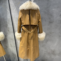 Veste en cuir rose matiné avec col en fourrure, veste en cuir véritable pour femme, longue veste en cuir et fourrure