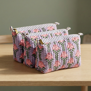 Juego de 3 Bolsas Acolchadas de Lujo Personalizadas, Bolsa de Aseo de Algodón Jaipur con Estampado de Bloques, Organizador de Maquillaje, Estuche de Cosméticos, Kit de Viaje para Mujer - Product Image 6
