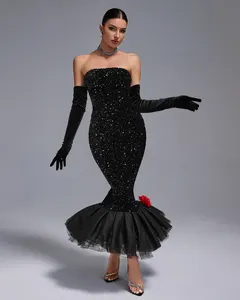 Ocstrade Women'S Evening Dresses 2024 Luxury Sequined Mesh Trumpet Strapless Elegant Black Evening Ball Gown With Gloves