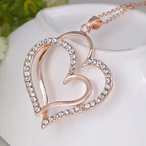 Rose Gold Crystal Double Heart Necklace Luxury Jewelry Love Heart Necklaces Valentine's Day Wedding Jewelry