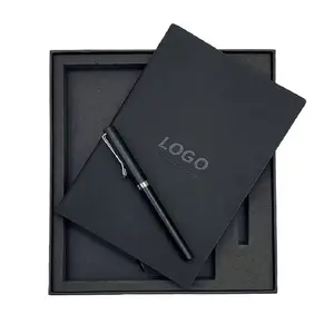 PU Journal Custom Logo A5 Black Paper Notebook Stationery Diary Set With Pen