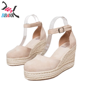 Sandales compensées décontractées pour femmes à bout rond en microfibre avec bride de cheville, style espadrille, vente en gros d'usine - Product Image 5