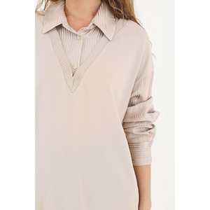 Chemise tunique en tricot pour femme avec col boutonné contrastant, à porter au quotidien, bleu - Product Image 6