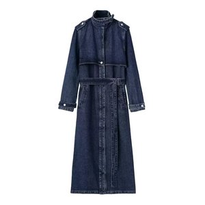 <span class=keywords><strong>Trench</strong></span> lungo X <span class=keywords><strong>donna</strong></span> Vintage inverno monopetto in Denim con colletto e cintura per l'autunno inverno blu - Product Image 1