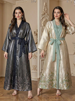 Abaya en polyester brillant jacquard à col ouvert, ceinturée, kimono à manches larges, robe maxi élégante à fleurs pour femmes musulmanes, pour soirée