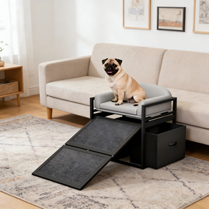 Rampe d'escalier moderne pour chien avec siège, rampe d'accès pour chien avec coussin, cadre en métal noir, pliable, utilisation comme perchoir de fenêtre en tissu - Product Image 1