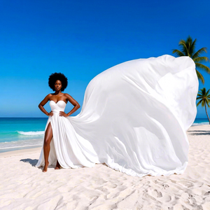 Nuevo Vestido de Seda Volante Magenta con Cola Larga para Sesión de Fotos en la Playa y Fondo Oceánico - Product Image 1