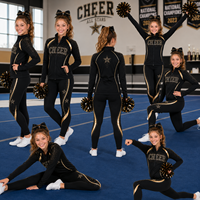 Setelan Cheerleading Personalisasi Custom Hitam Emas Logo Berhias Berlian Imitasi Jaket Ritsleting Penuh Celana Slim Pakaian Latihan Tim