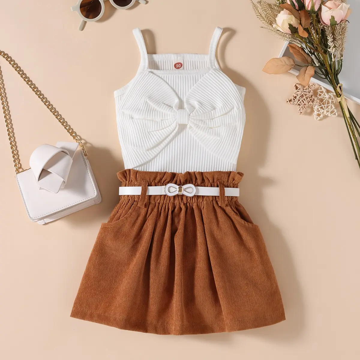 2023 Summer Children Clothes Sets Bow Decoration Suspender Top Brown Skirts With Belt Girls Three-piece Suit