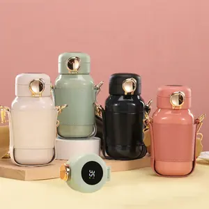 New Arrival 14oz Pink 316 Smart Thermal Flask Baby Water Bottle for Kids School with Lcd Touch Screen Leather Sleeve and Strap