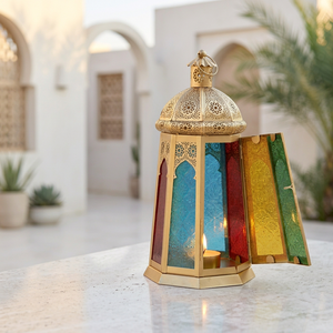 Lanterne à bougie marocaine en métal doré avec verre coloré pour la décoration de la maison pendant le Ramadan - Product Image 1