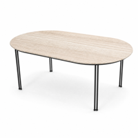 Table à manger en travertin d'extérieur, plateau ovale en pierre, pieds en métal noir, mobilier de jardin, restaurant, hôtel, terrasse