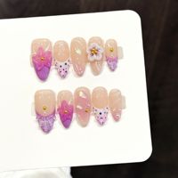 TSZS Faux Ongles à Presser Amande Moyenne Rose Fuchsia Frais, Sculptés à la Main, Motif Fleur 3D et Perles Dorées