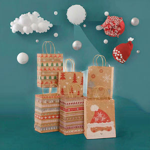 Sacs cadeaux jetables en papier kraft imprimés, motif Père Noël, flocon de neige, pois, dessin animé, rayures, sapin de Noël, bonbons, biscuits - Product Image 3