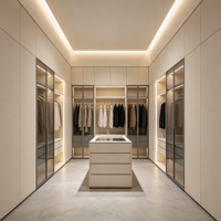 Système de dressing modulaire sur mesure, écologique, grande capacité, avec îlot central, portes vitrées et éclairage LED, pour vente en gros