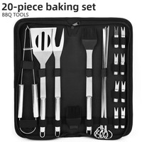 Ensemble d'outils de barbecue en acier inoxydable poli à long manche, 20 pièces, personnalisé, essentiels pour la cuisine et le camping, multi-usages, barbecue en plein air