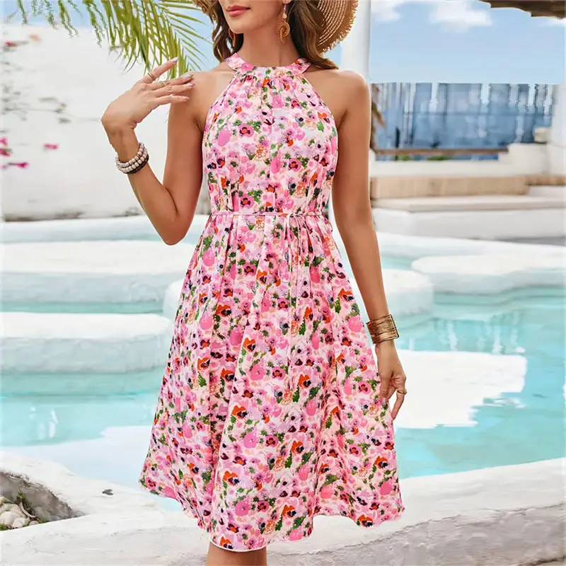 새로운 도착 핑크 색 꽃 무늬 프린트 넥타이 허리 홀터넥 드레스 우아한 민소매 패션 여성 여름 원피스