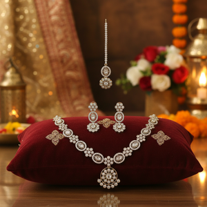 High Quality Traditional Ethnic Antique Gold Plated Zircon Flower Design Necklace Earrings Maang Tikka <b>Set</b> for Engagement - Product Image 3