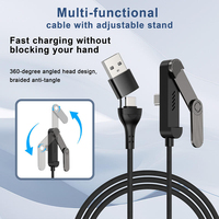Câble de charge rapide multifonctionnel 2 en 1 60W Type C vers C/A avec support de téléphone réglable, synchronisation des données pour smartphone, tablette, ordinateur portable