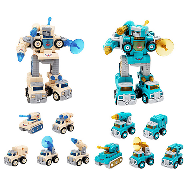 5 in 1 Military Vehicle DIY Assembly Deformed Robot Building Blocks Toys Take Apart Transform Sliding Robot Model Toys for Kids