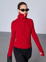 Pull-over col roulé demi-zip 100 % cachemire pur pour femme, coupe ajustée, manches raglan, tricot côtelé, poignets avec passe-pouce, doux et chaud pour l'hiver
