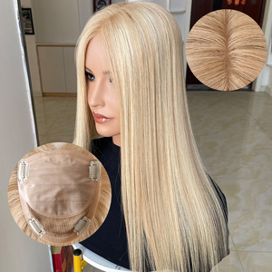Wholesale in Stock 5x6.5 Silk Base <b>Clip</b> in PU Silicone Russian Human Hair Topper Blonde Color Silk Toupees for Hair Loss Women - Product Image 1