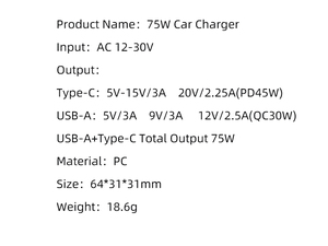 Chargeur de voiture 75W Support Super <span class=keywords><strong>Fast</strong></span> Charging <span class=keywords><strong>2</strong></span> en 1 PORT Multi-port PD45W Mobile Car Phone Charger - Product Image 6