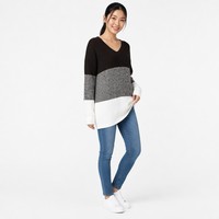 Pull-over personnalisé OEM & ODM pour femme grande taille, en maille mélangée, manches longues, col en V, décontracté, mode hiver, Noël, polyester, basique