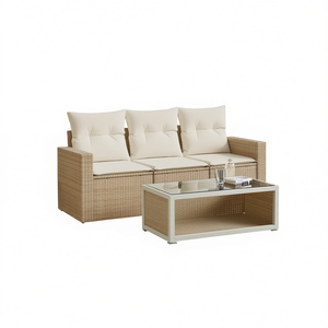 Set Divano da Giardino in Rattan PE Beige a 3 Posti con Telaio in Acciaio, Arredamento da Esterno Durevole dal Design Contemporaneo - Product Image 1