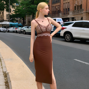 Zyht 20474 giản dị mùa hè nâu một mảnh bên mặc <span class=keywords><strong>XXL</strong></span> phụ nữ cami áo phụ nữ thanh lịch cộng với kích thước Bodycon dài ăn mặc với khe - Product Image 2